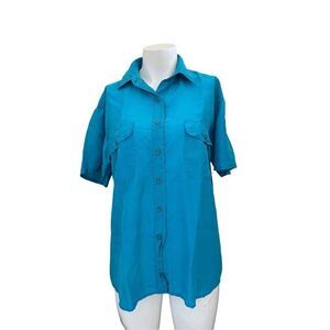 Retro women’s M vintage 90s button up blouse 100% silk royal blue short sleeve n